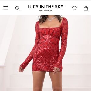 LUCY IN THE SKY Sparkling Square Neck Dress in Red Sequins